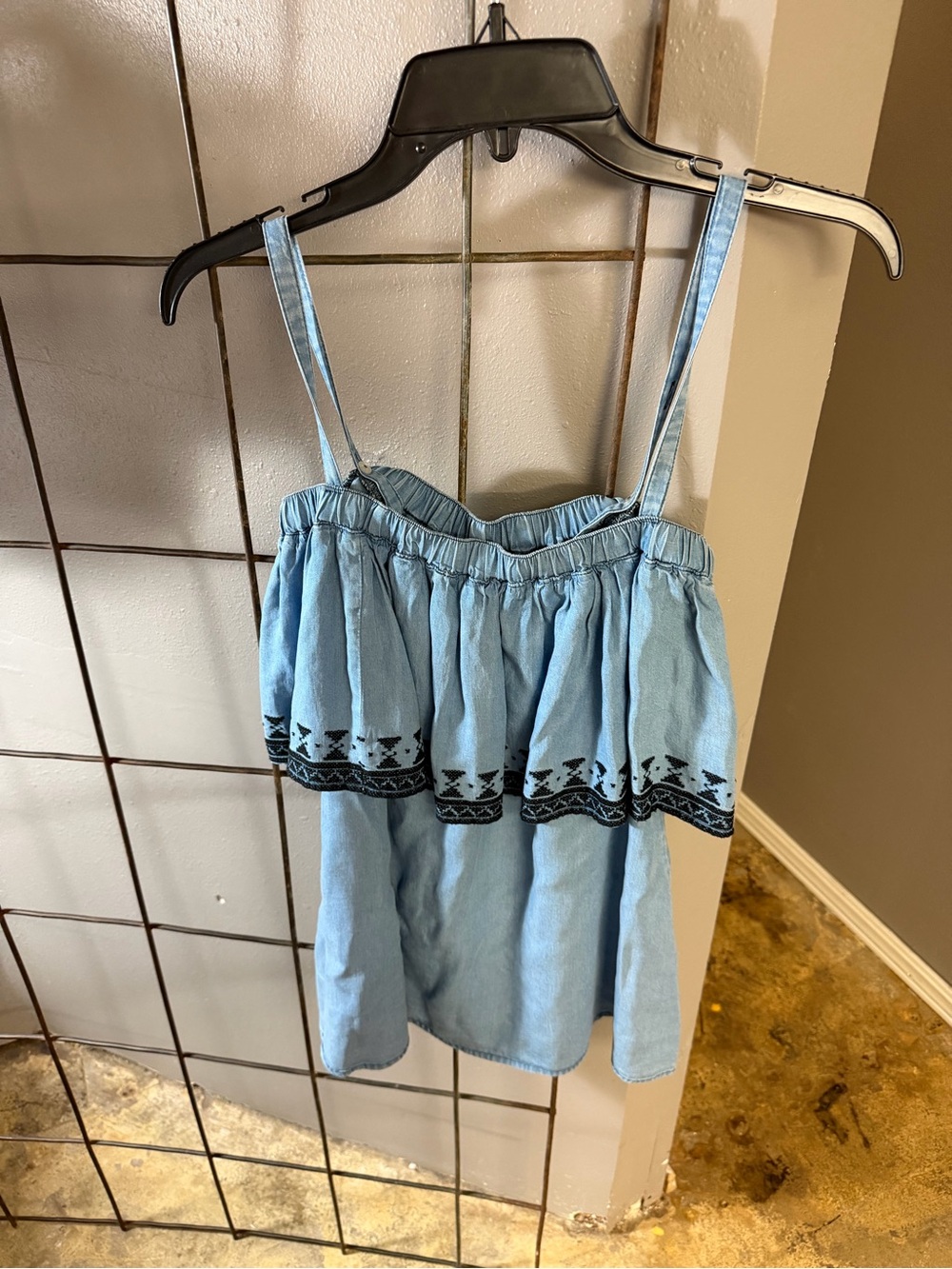 easel Light Blue Embroidered Spaghetti Strap Peplum Top